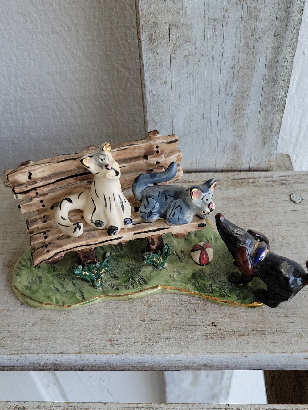 Blue Sky Cats And Dog Ceramic On Bench With Ball Vintage